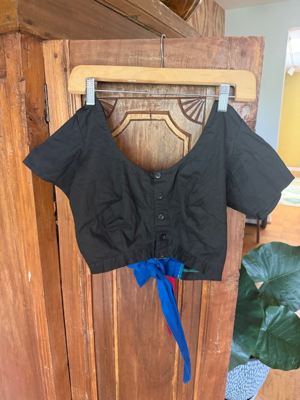 Black Button-Front Crop Top with Tie Detail